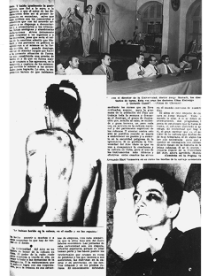 Foto de Fragmento del reportaje gráfico publicado en la revista Bohemia el 11 de mayo de 1952, a propósito del ataque a la Universidad del Aire por los esbirros de la tiranía; en la foto el joven Hart aparece golpeado brutalmente.